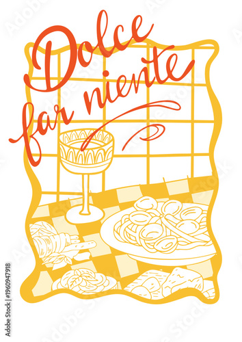 Whimsical Italian Table Setting Doodle with Pasta, Wine Glass, and Antipasti