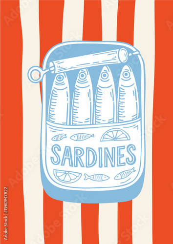 Whimsical Sardine Can Packaging Doodle Illustration with Red Striped Background