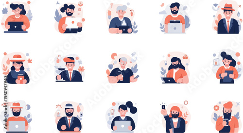 A collection of diverse cartoon people engaging in various modern activities