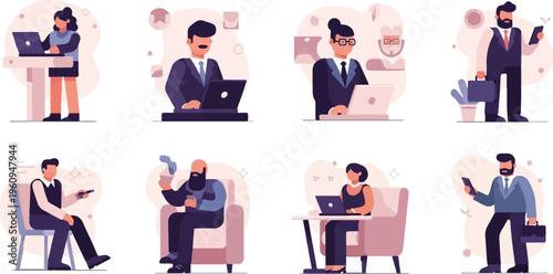 Diverse business professionals engaged in various office and leisure activities