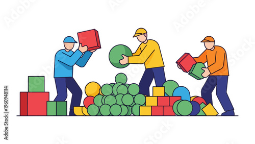 Building Blocks of Creation: A trio of builders meticulously crafts a vibrant structure from an array of colorful blocks, embodying the spirit of teamwork, design, and focused activity.