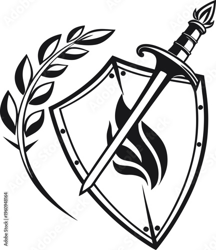Shield, sword, and laurel wreath, black and white vector emblem, heraldry icon, crest design