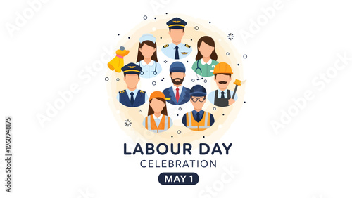 Labour Day Celebration: Celebrate the hardworking men and women who contribute to society with this vibrant illustration of various professions, honoring their dedication.