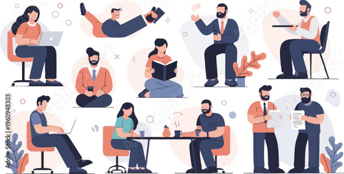 Diverse group of people engaged in various activities, working, reading, and socializing