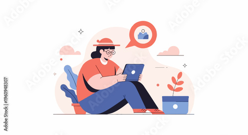 Person wearing hat and glasses uses tablet computer, surrounded by plants