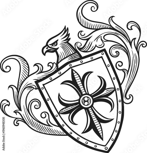 Vintage shield, medieval crest, heraldic emblem, black and white vector