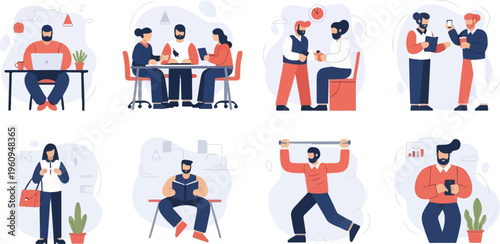 Diverse individuals engage in various activities like working, meeting, exercising, and reading