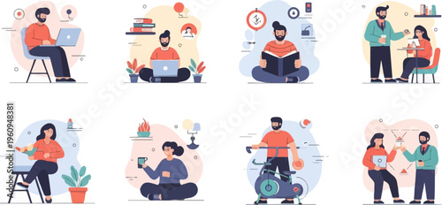 Diverse individuals engage in various activities working, reading, exercising, and socializing