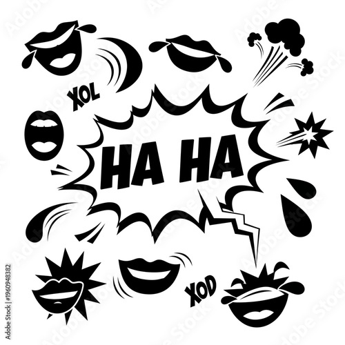 Black and white comic laughter expressions.
