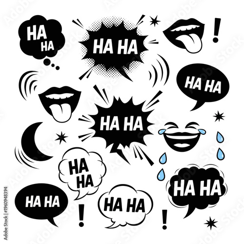 Black and white comic laugh symbols.