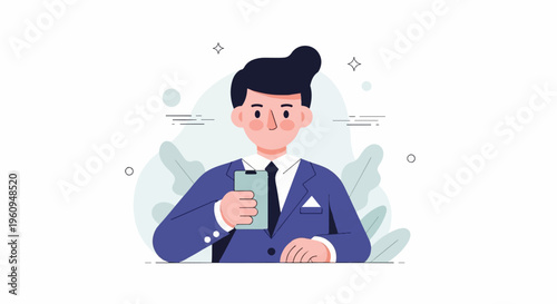 A stylized man in a suit holds a smartphone with a bright, clean background
