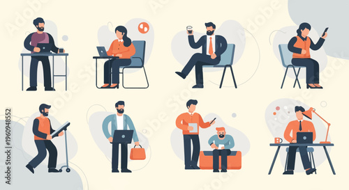 Diverse individuals engaged in office work, using technology, and interacting