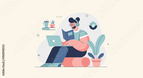 Person with headphones reads book and uses laptop while seated on a cushion