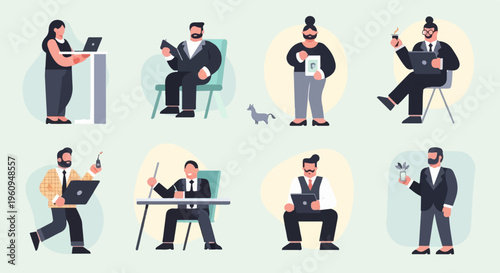 Diverse individuals engaged in office-related activities, some with unique items