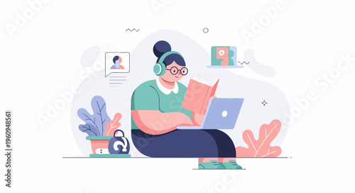 Person with headphones reads book near laptop and plants (1)