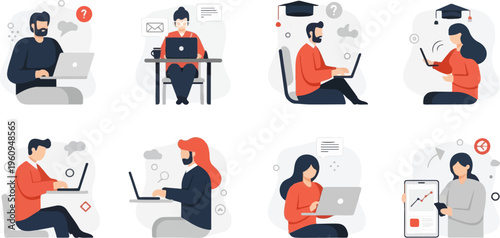 Diverse individuals engaged in online learning, communication, and data analysis