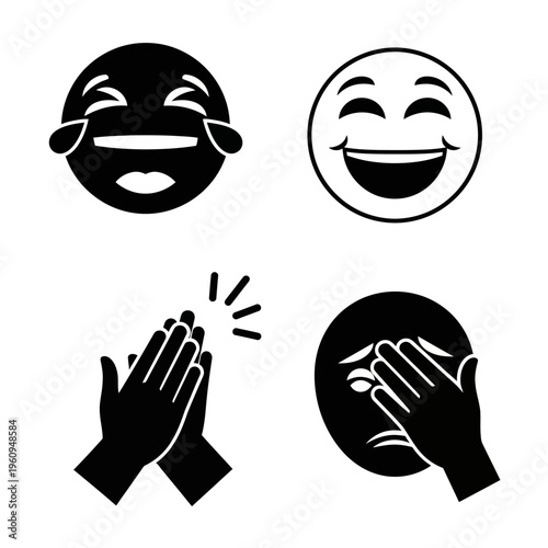 Black and white laughing emoticon faces.