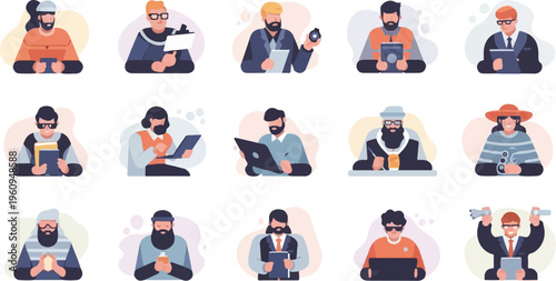 Diverse individuals engaged in various activities with technology and books