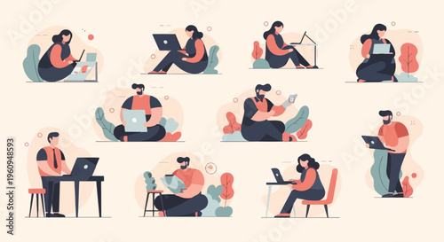 Diverse individuals engaged in remote work and digital tasks amidst stylized natural elements