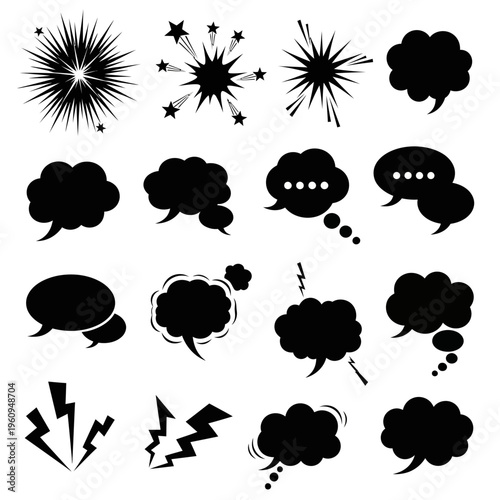 Black speech bubbles and thought clouds.