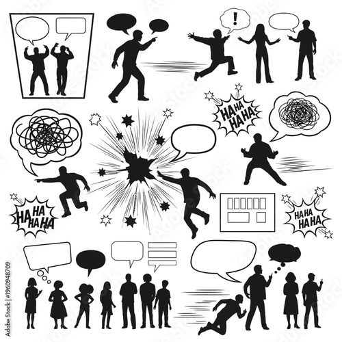 Black silhouettes of people talking loudly.