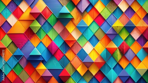 Vibrant Geometric Abstract Design Featuring a Colorful Array of Interlocking Triangles and Squares in a Multifaceted Pattern