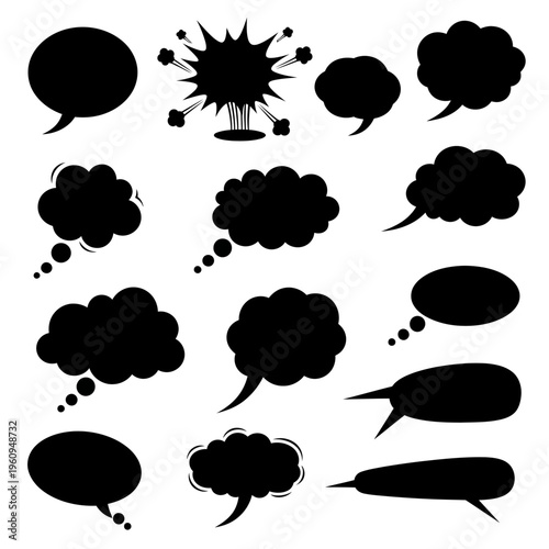 Black speech bubbles and thought clouds.
