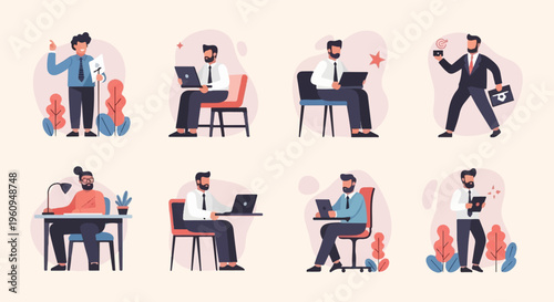 Diverse individuals engaged in various business-related activities in a stylized setting