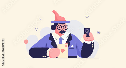 Stylized illustration of a person in a suit holding a playing card and a phone