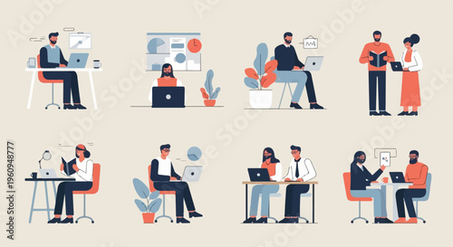 Diverse individuals engaged in various modern office and collaborative work activities