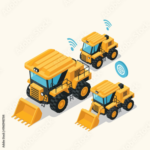 Isometric illustration of three yellow construction vehicles, including a large dump truck and two smaller front-end loaders, with Wi-Fi symbols indicating smart technology integration.