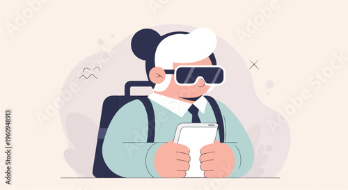 Stylized person wearing virtual reality goggles and holding a device