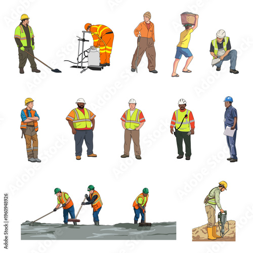 Set of Workman Figures with Tools for Infrastructure Projects, Diverse Construction Workers and Laborers Illustration Set