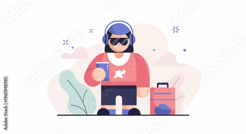 Stylized person with headphones, sunglasses, holding drink, near a suitcase