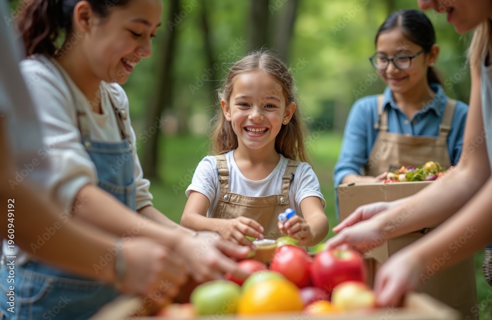 Fototapeta premium A group of diverse people including children sort fresh produce and food in boxes outdoors. Adults and kids work together packing fruits and vegetables for charity or community food bank support.