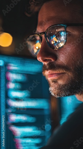 A programmer wearing glasses works at a computer, looking at program code, data, cybersecurity