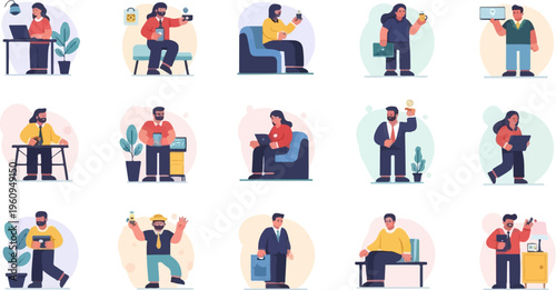 Diverse individuals engaged in various work and leisure activities with technology