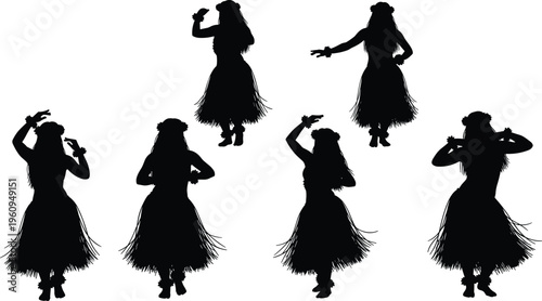 Hula dance silhouette, Hawaiian culture, traditional performance, expressive movement, grass skirt, island rhythm, storytelling gesture, cultural art, graceful choreography, tropical heritage, motion