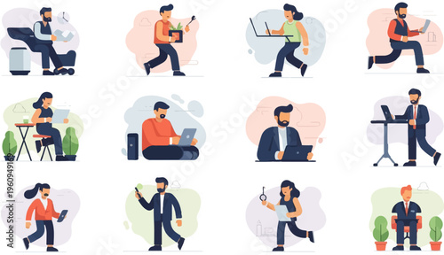 Diverse individuals engaged in various work-related activities in a modern setting