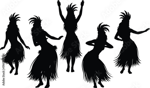 Hula dance silhouettes, Hawaiian culture, Polynesian tradition, grass skirt art, cultural performance, island lifestyle, expressive motion, tropical rhythm, artistic design, heritage concept