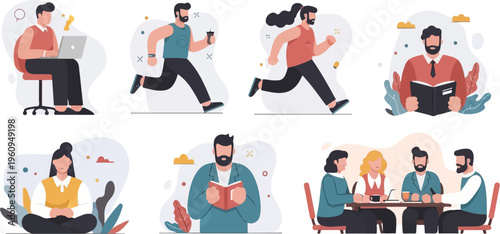 Diverse individuals engaged in work, fitness, reading, and social interaction