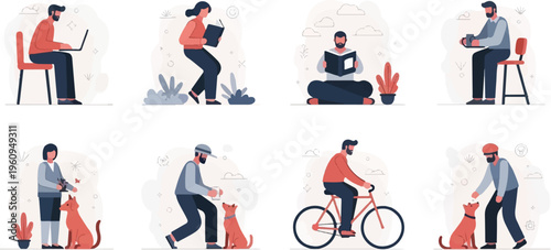 Diverse individuals enjoying quiet, personal activities and interactions with pets