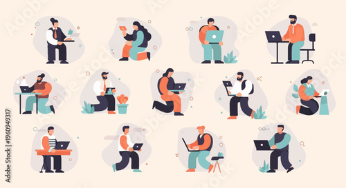 Diverse individuals use laptops in various poses, working remotely or in office environments