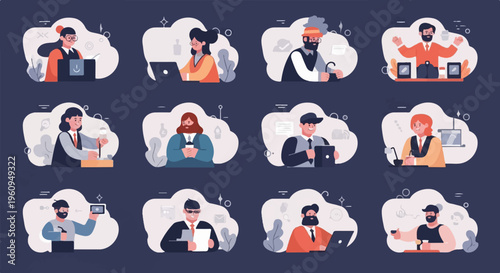 Collection of diverse characters engaged in various professional and casual activities