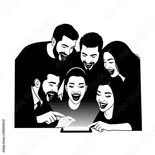 Group of people looking at tablet.