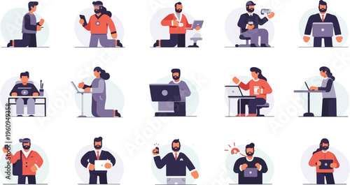 Diverse individuals use laptops, phones, and tablets in various work settings