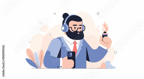 Bearded man in suit and headphones holds smartphone and lighter