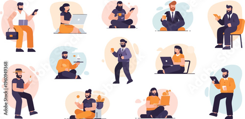 Diverse individuals using technology, working, and relaxing indoors