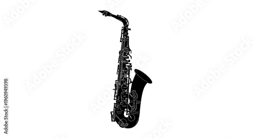 A black saxophone with detailed keys and valves