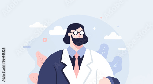 Bearded scientist in lab coat with abstract background and celestial elements